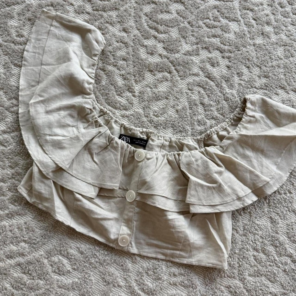 Zara Neutral Ruffle Off-Shoulder Crop Top